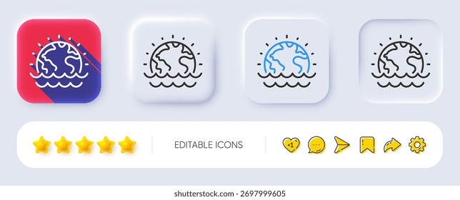Disaster line icon. Neumorphic, Flat shadow, 3d buttons. Climate warming sign. World flood symbol. Line disaster icon. Social media icons. Vector