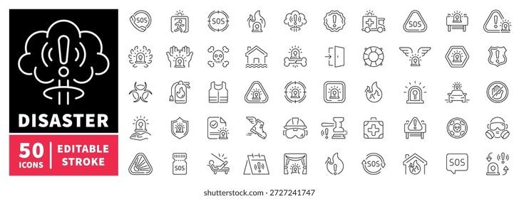 Disaster management editable line icons set. emergency and crisis symbols
