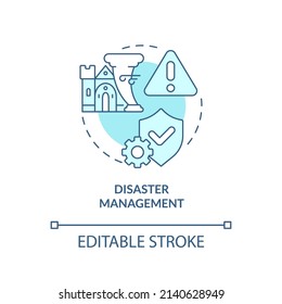 Disaster management turquoise concept icon. Heritage safety. Developmental activity abstract idea thin line illustration. Isolated outline drawing. Editable stroke. Arial, Myriad Pro-Bold fonts used