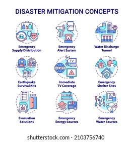 Disaster Mitigation Concept Icons Set. Emergency Situation Services Idea Thin Line Color Illustrations. Isolated Outline Drawings. Editable Stroke. Roboto-Medium, Myriad Pro-Bold Fonts Used