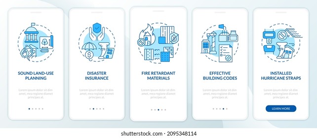 Disaster mitigation involves blue onboarding mobile app screen. Flood walkthrough 5 steps graphic instructions pages with linear concepts. UI, UX, GUI template. Myriad Pro-Bold, Regular fonts used