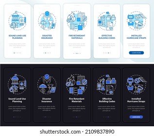 Disaster mitigation involves night and day mode onboarding mobile app screen. Walkthrough 5 steps graphic instructions pages with concepts. UI, UX, GUI template. Myriad Pro-Bold, Regular fonts used