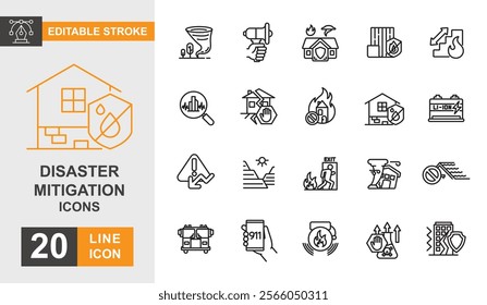 Disaster mitigation line editable icon set. Storm, tornado, volcano, flood, danger, climate and more line icons