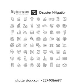 Disaster mitigation linear icons set. Risk management. Damage prevention. Strategy and planning. Customizable thin line symbols. Isolated vector outline illustrations. Editable stroke