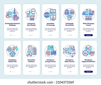 Disaster mitigation onboarding mobile app screen set. Safety walkthrough 5 steps graphic instructions pages with linear concepts. UI, UX, GUI template. Myriad Pro-Bold, Regular fonts used