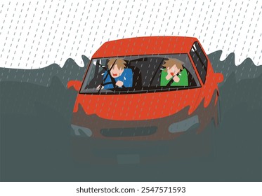 Disaster, a passenger car at risk of being submerged after being hit by heavy rain. Illustration of a frightened driver and a woman in the passenger seat