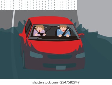 Disaster, a passenger car at risk of crashing into an underpass in heavy rain and being submerged. Vector illustration of a frightened driver and a woman in the passenger seat