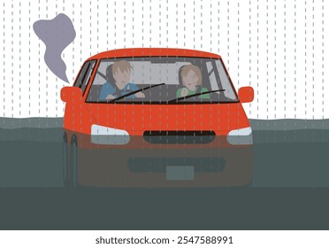 Disaster, a passenger car submerged and the engine stopped. Vector illustration of a confused driver and a woman in the passenger seat