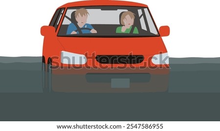 Disaster, a passenger car that has been hit by heavy rain and is submerged and stopped. Vector illustration of a confused driver and a woman in the passenger seat