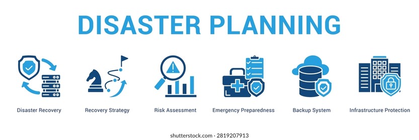 Disaster Planning web banner icon concept, with Disaster Recovery, Recovery Strategy, Risk Assessment, Emergency Preparedness, Backup System, Infrast.