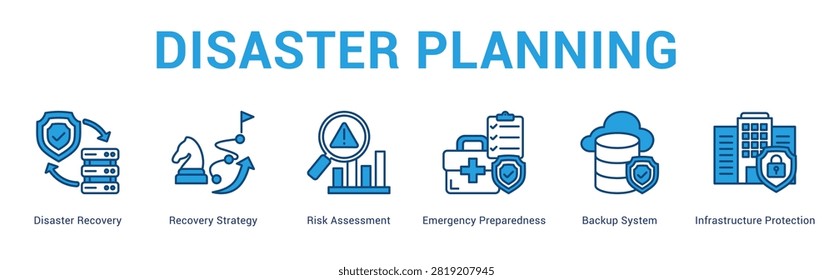 Disaster Planning web banner icon concept, with Disaster Recovery, Recovery Strategy, Risk Assessment, Emergency Preparedness, Backup System, Infrast.