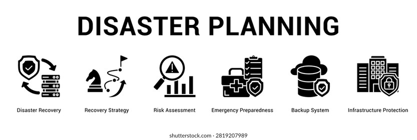 Disaster Planning web banner icon concept, with Disaster Recovery, Recovery Strategy, Risk Assessment, Emergency Preparedness, Backup System, Infrast.