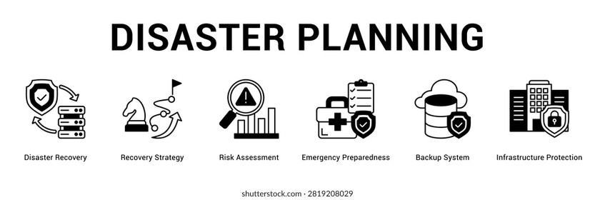 Disaster Planning web banner icon concept, with Disaster Recovery, Recovery Strategy, Risk Assessment, Emergency Preparedness, Backup System, Infrast.