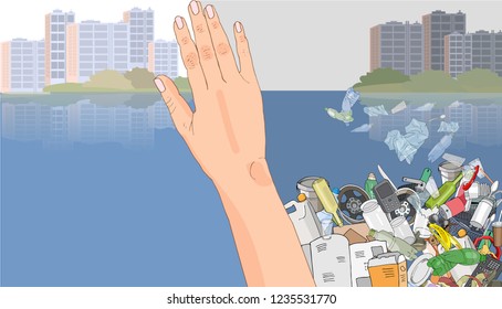 Disaster of plastic debris. Pile garbage, waste, Plastic straws and trash in the city. Concept of ecology and World Cleanup Day. Vector hand drawn illustration isolated. Atmospheric pollution.