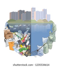 Disaster of plastic debris. Pile garbage, waste, Plastic straws and trash in the city. Concept of ecology and World Cleanup Day. Vector hand drawn illustration isolated. Atmospheric pollution.
