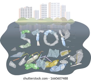 Disaster of plastic debris. Pile garbage, waste, Plastic straws and trash in the water. Concept of ecology and World Cleanup Day. Vector hand drawn illustration isolated on white background. 