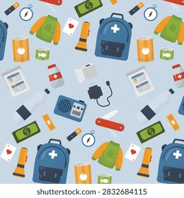 Disaster Preparedness Bug Out Bag Pattern. Seamless vector pattern of emergency preparedness items including backpack, radio, first aid, compass, cash and canned food. Vector illustration