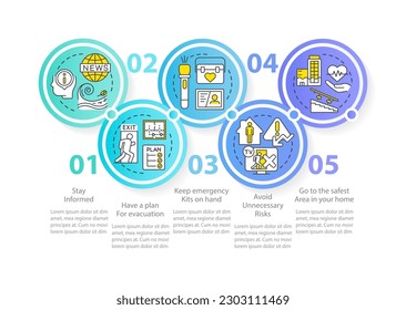 Disaster preparedness circle infographic template. Evacuation plan. Data visualization with 5 steps. Editable timeline info chart. Workflow layout with line icons. Myriad Pro-Bold, Regular font used