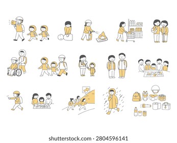 Disaster Preparedness People Illustration Set – Emergency Evacuation and Safety Items (Monochrome Yellow)