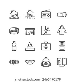 Disaster Preparedness and Survival, linear style icon set. Natural calamities, floods, earthquakes and destructive forces. Emergency equipment. Shelter and evacuation. Editable stroke width