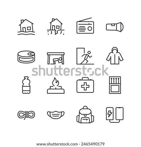 Disaster Preparedness and Survival, linear style icon set. Natural calamities, floods, earthquakes and destructive forces. Emergency equipment. Shelter and evacuation. Editable stroke width