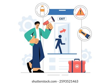 Disaster Preparedness Vector Illustration featuring Community Disaster Planning, an Emergency Plan Checklist, and Year Round Readiness in a Background