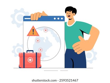 Disaster Preparedness Vector Illustration featuring Community Disaster Planning, an Emergency Plan Checklist, and Year Round Readiness in a Background