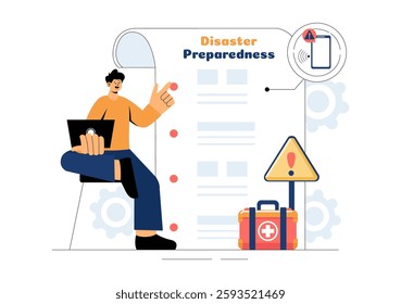 Disaster Preparedness Vector Illustration featuring Community Disaster Planning, an Emergency Plan Checklist, and Year Round Readiness in a Background