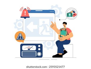 Disaster Preparedness Vector Illustration featuring Community Disaster Planning, an Emergency Plan Checklist, and Year Round Readiness in a Background
