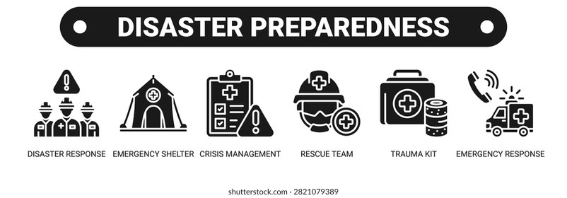 Disaster Preparedness web banner icon vector illustration concept with icons of disaster response, emergency shelter, crisis management, rescue team, trauma kit, and emergency response.