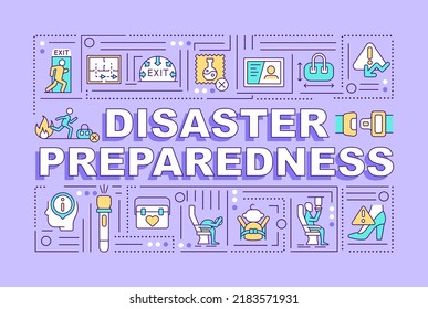 Disaster preparedness word concepts purple banner. Potential hazards. Infographics with editable icons on color background. Isolated typography. Vector illustration with text. Arial-Black font used