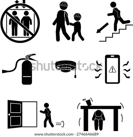Disaster prevention action pictogram set (earthquake, fire, evacuation)