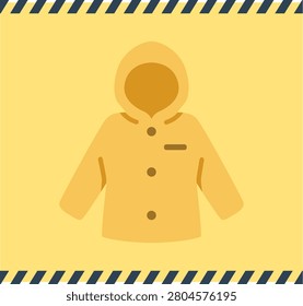 Disaster prevention emergency raincoat flat icon. Vector illustration of yellow rainwear with hood for earthquake survival preparation.