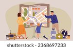 Disaster prevention flat composition with view of family members with child and map with colorful marks vector illustration