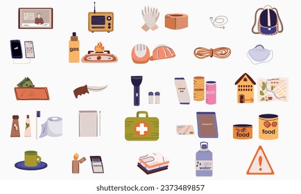 Disaster prevention flat set with isolated icons of medical supplies aid with household and warning signs vector illustration