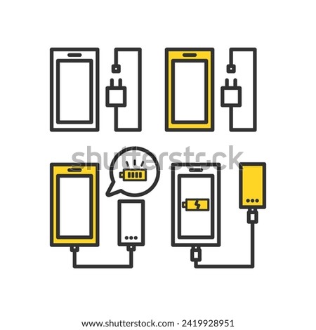 Disaster prevention goods. Illustration set of smartphone, charger and mobile battery.