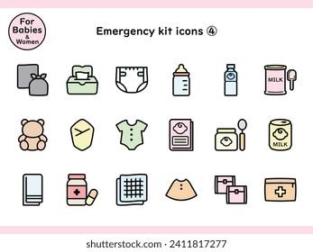 Disaster Prevention Icon Set 004, Necessary Items for Babies and Women