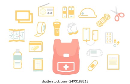 Disaster prevention supplies, disaster prevention goods, emergency goods, item illustration set