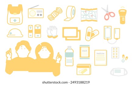 Disaster prevention supplies, disaster prevention goods, emergency goods, item illustration set