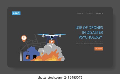 Disaster Psychology concept. Drone monitoring a burning house for emergency response. Technological aid in crisis management. Vector illustration.