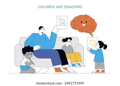 Disaster psychology concept. Family educating children about emergencies, showcasing cognitive emotional resilience. Calm approach to crisis prep. Vector illustration.