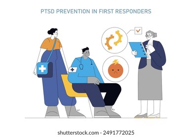 Disaster Psychology concept. Mental health professionals support and assess first responders for PTSD prevention. Coping mechanisms and stress management. Vector illustration.