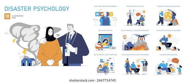 Conjunto de Psicología de Desastres. Las estrategias de Asistencia y recuperación de la salud mental se describen en diversos escenarios. Mecanismos de afrontamiento para las personas afectadas. Ilustración vectorial.