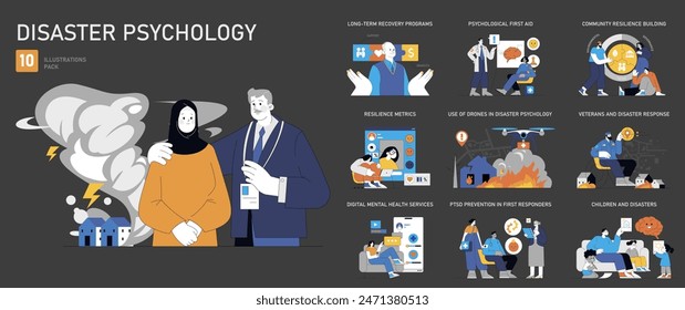 Conjunto de Psicología de Desastres. Asistencia de la salud mental y resiliencia en situaciones de crisis. Programas de recuperación, servicios digitales, construcción de la comunidad. Ilustración vectorial.