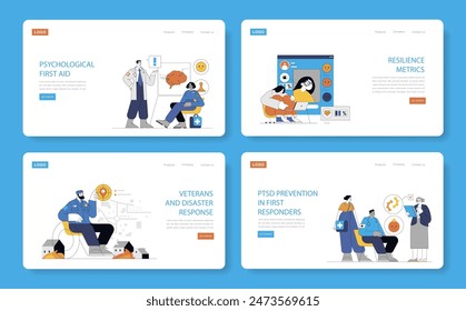 Disaster Psychology set. Mental health support during crises and strategies for resilience. Emotional aid for veterans, PTSD prevention for responders. Vector illustration.