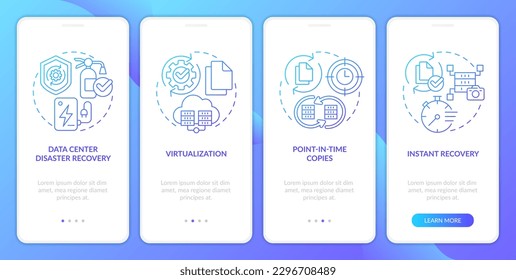 Disaster recovery approaches blue gradient onboarding mobile app screen. Walkthrough 4 steps graphic instructions with linear concepts. UI, UX, GUI template. Myriad Pro-Bold, Regular fonts used
