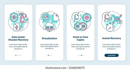 Disaster recovery approaches onboarding mobile app screen. Walkthrough 4 steps editable graphic instructions with linear concepts. UI, UX, GUI template. Myriad Pro-Bold, Regular fonts used