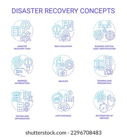 Disaster recovery blue gradient concept icons set. Restore data. Reestablish system work idea thin line color illustrations. Isolated symbols. Roboto-Medium, Myriad Pro-Bold fonts used