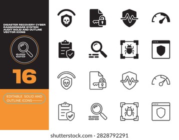 Disaster recovery cyber ransomware system audit icons featuring threat detection security auditing products and data rescue management graphics