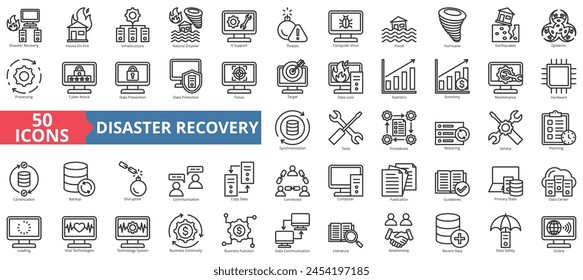 Conjunto de colección de iconos de recuperación ante desastres. Conteniendo casa en llamas, infraestructura, desastre natural, Asistencia informática, amenazas, virus informático, icono de inundación. Vector de línea simple.